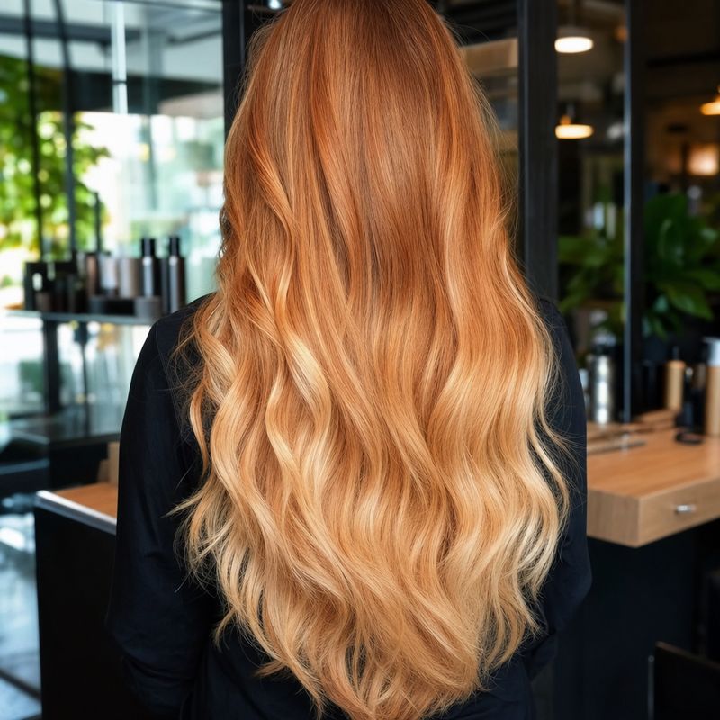 Fertige Balayage mit Verlauf von Kupfer zu Erdbeerblond, hüftlanges gewelltes Haar von hinten fotografiert
