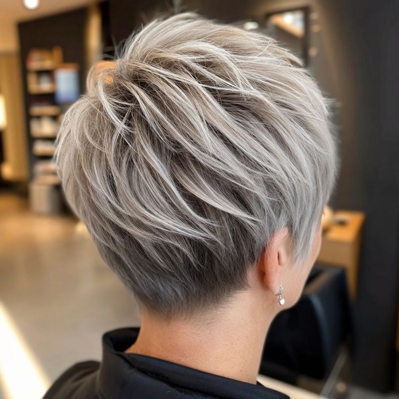Texturierter Pixie in kühlem Platinblond mit feinen Asch-Nuancen, aus hoher Rückansicht fotografiert